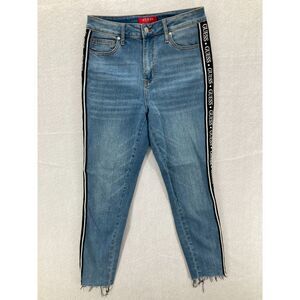 Guess Jeans Womens Size 27 Medium Wash Blue Skinny Jeans Logo Striped Distressed